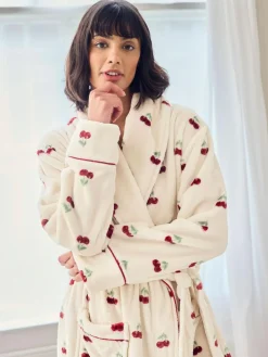 Hot Chelsea Peers Natural Fleece Cherry Print Long Dressing Gown