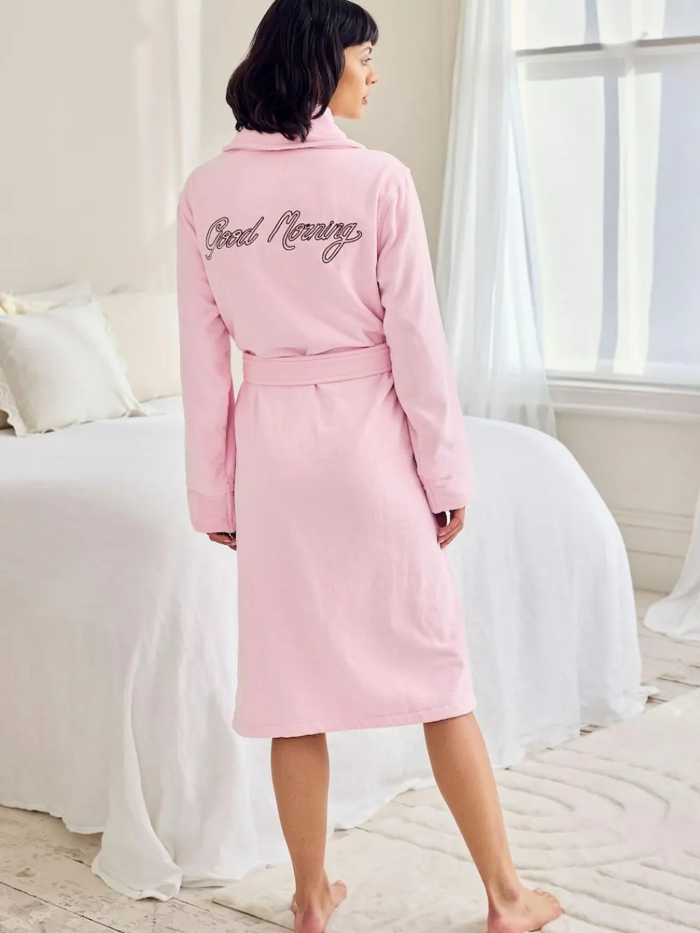 Chelsea Peers Pink Cotton Towelling Embroidered Good Morning Dressing Gown
