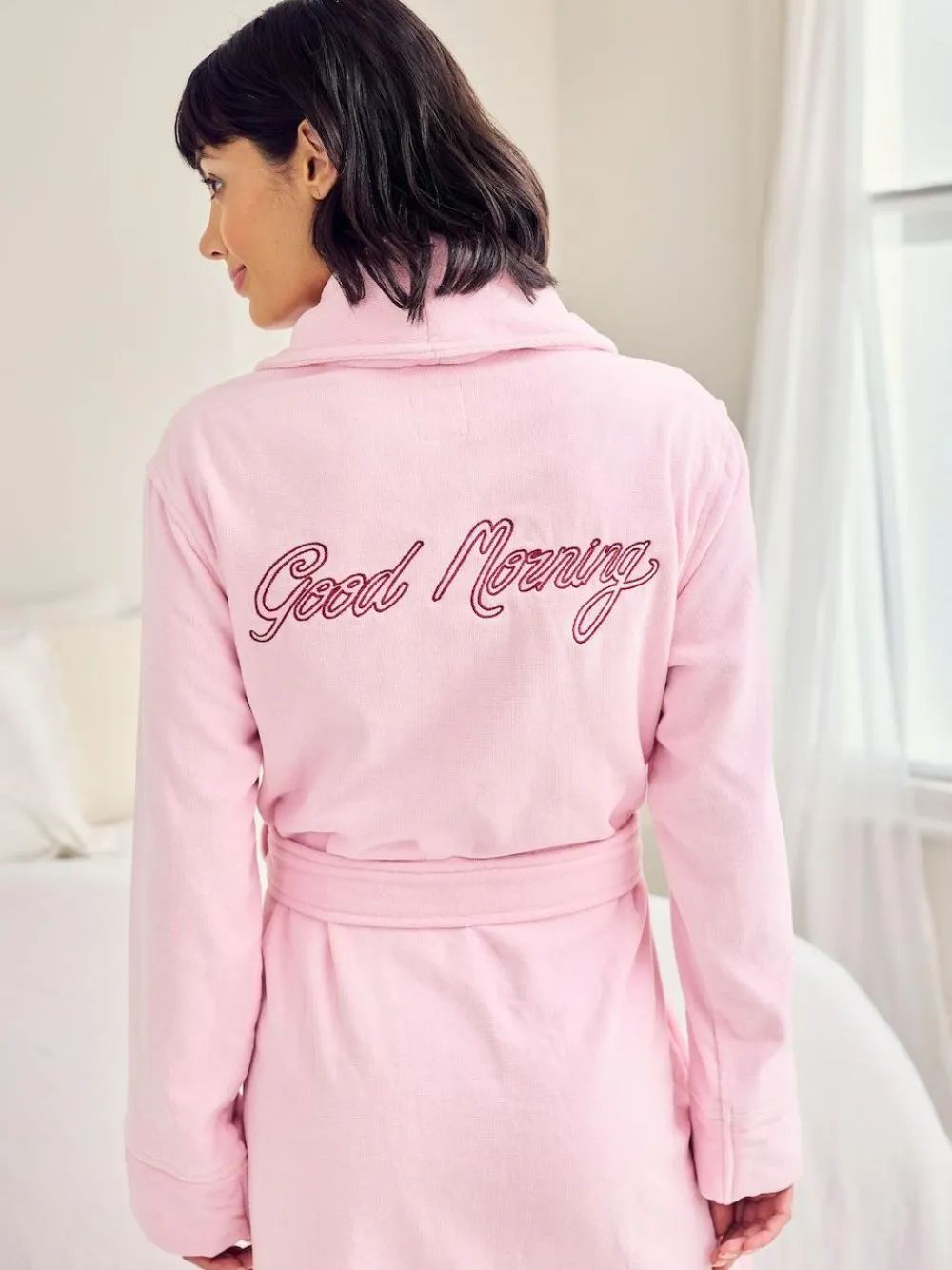 Chelsea Peers Pink Cotton Towelling Embroidered Good Morning Dressing Gown