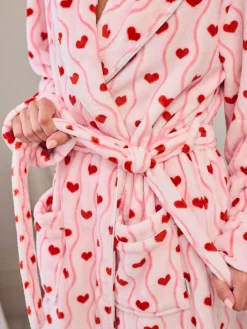 Chelsea Peers Pink Fleece Wavy Stripe Heart Print Long Dressing Gown^Women Bathrobes
