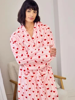 Chelsea Peers Pink Fleece Wavy Stripe Heart Print Long Dressing Gown^Women Bathrobes