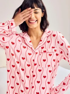 Chelsea Peers Pink Wavy Stripe Heart Print Long Pyjamas Set^Women Pyjamas
