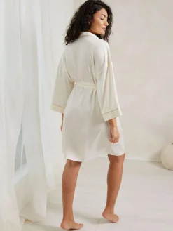 Chelsea Peers White Satin Lace Trim Robe Dressing Gown^Women Bathrobes