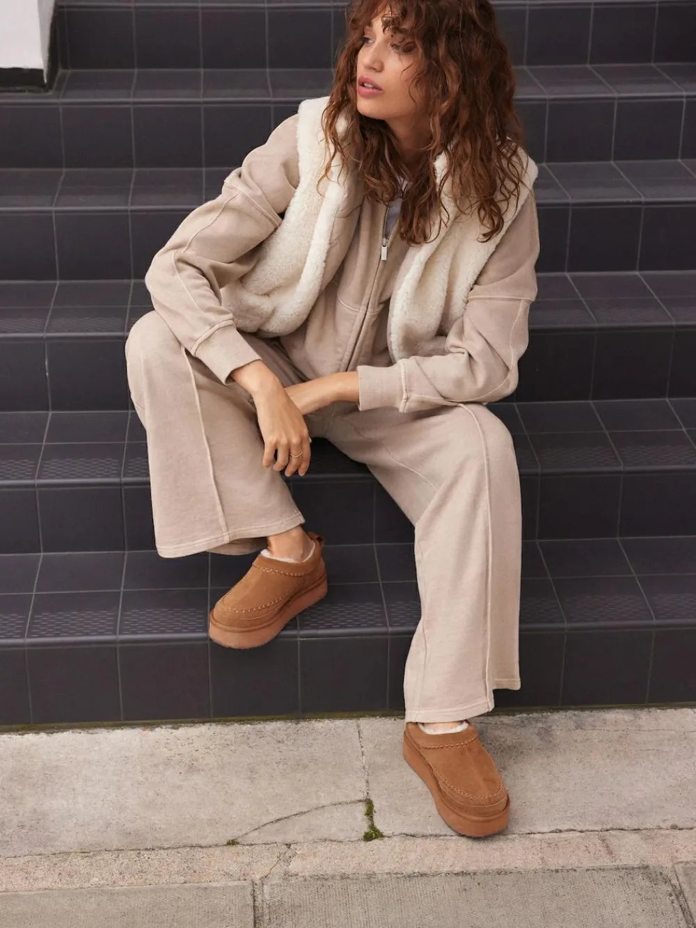 Online Next Chestnut Brown Leather Cosy Borg Lined Slip-On Shoes