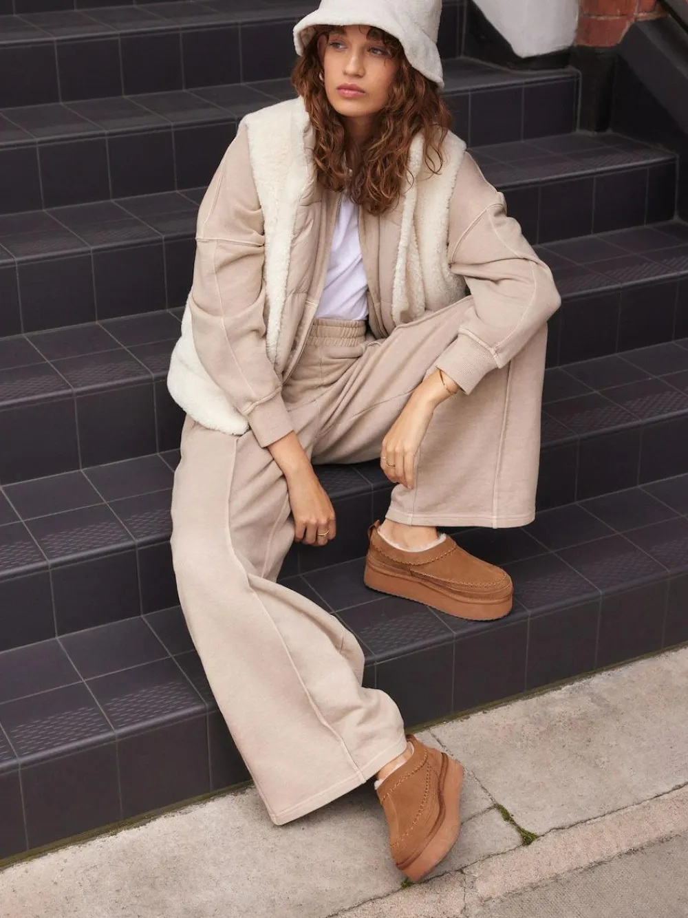 Online Next Chestnut Brown Leather Cosy Borg Lined Slip-On Shoes