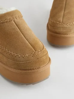 Online Next Chestnut Brown Leather Cosy Borg Lined Slip-On Shoes