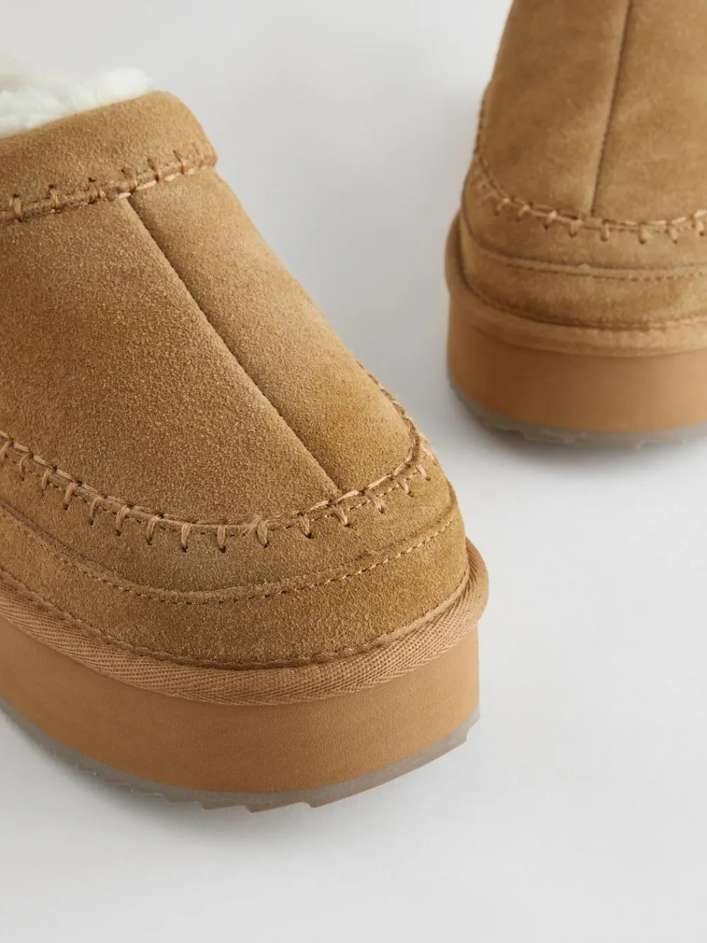 Online Next Chestnut Brown Leather Cosy Borg Lined Slip-On Shoes