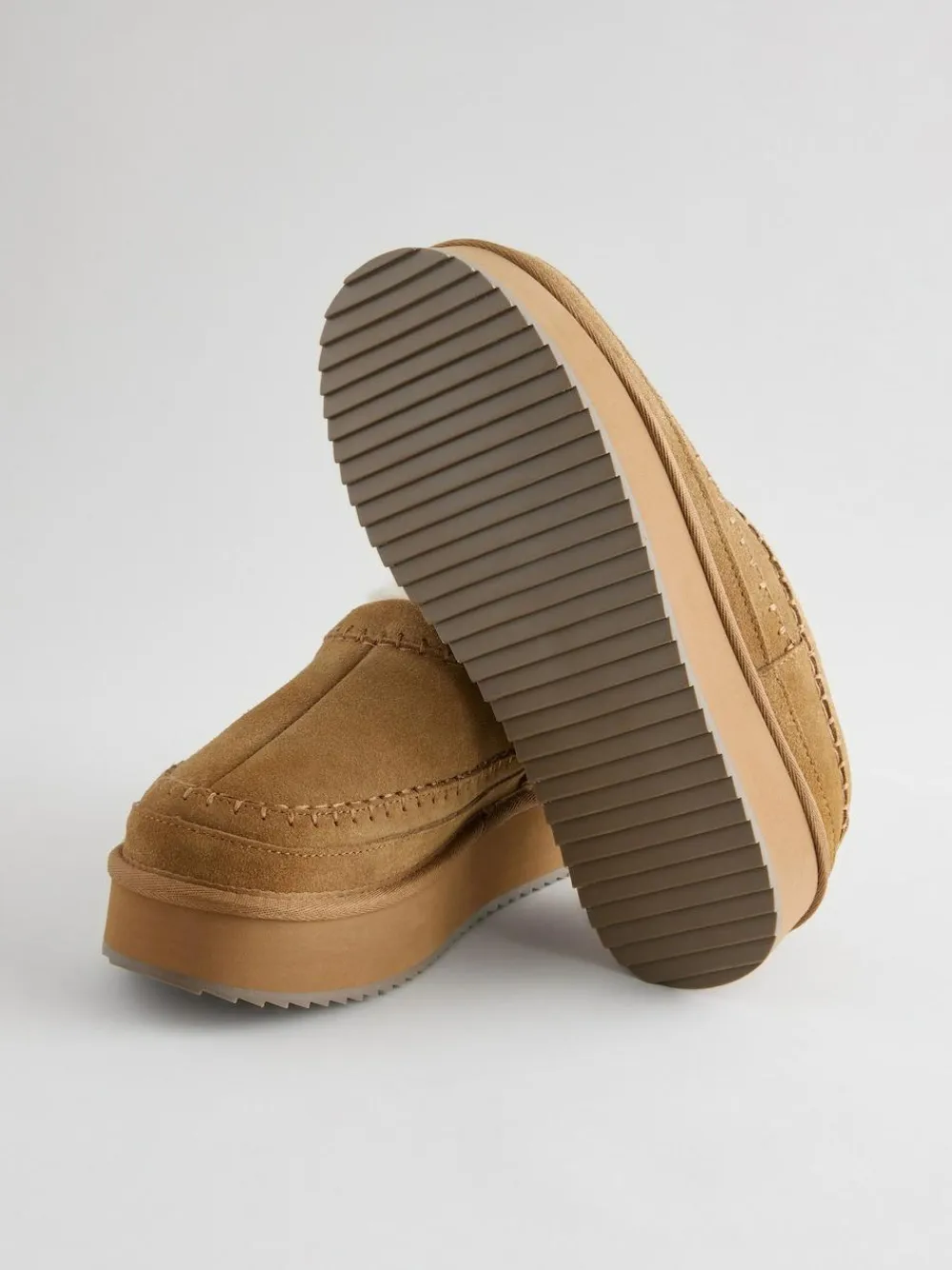 Online Next Chestnut Brown Leather Cosy Borg Lined Slip-On Shoes