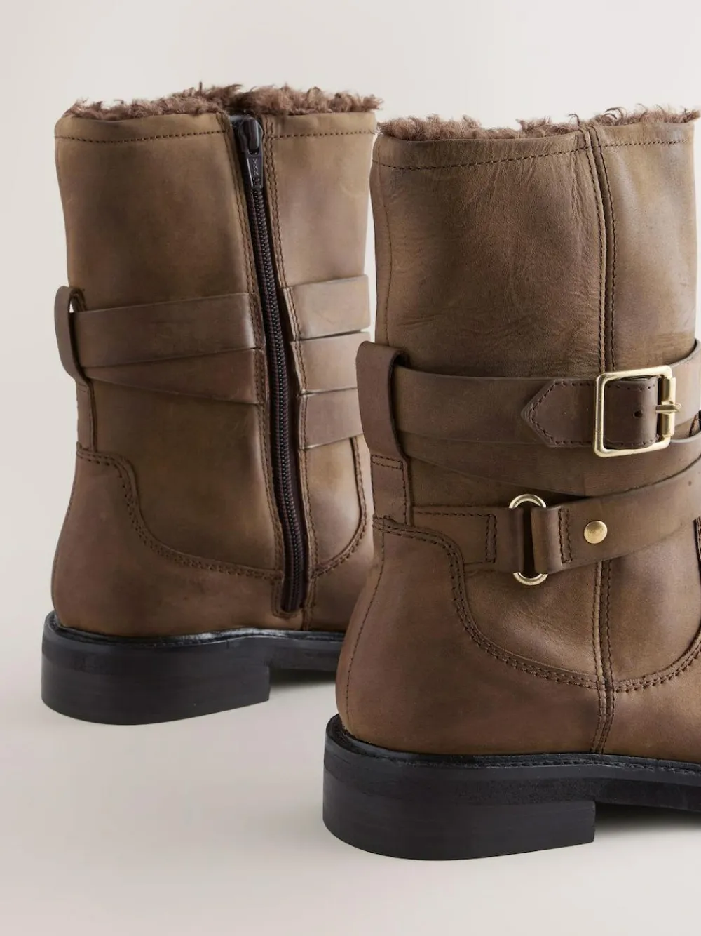 Next Forever Comfort® Borg Lined Buckle Trim Ankle Boots Chestnut Brown Oiled Leather