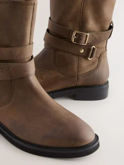 Next Forever Comfort® Borg Lined Buckle Trim Ankle Boots Chestnut Brown Oiled Leather