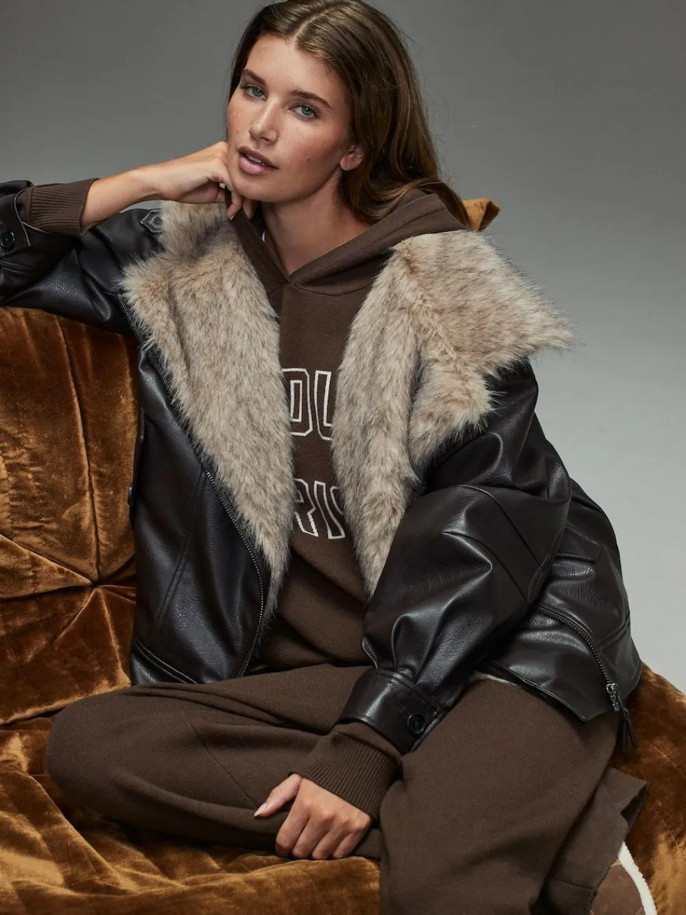 Next Compact Cosy Graphic Long Sleeve Hoodie Chocolate Brown