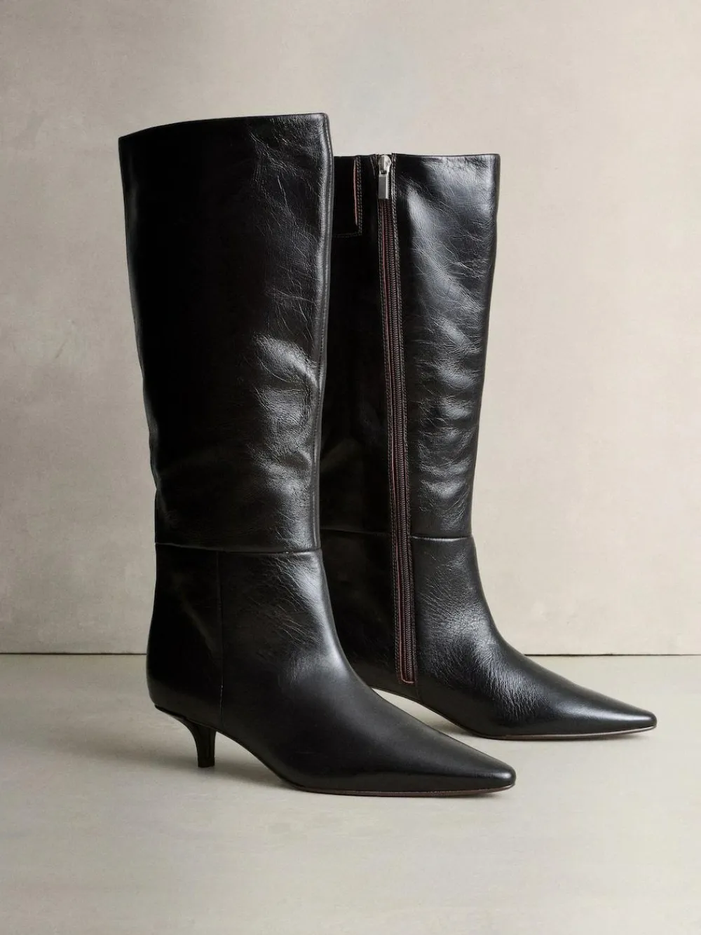 Next Crinkle Effect Leather Signature Underset Heel Knee High Boots^Women Boots & Wellies|Boots