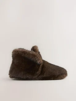 Next Chocolate Brown Faux Fur Boot Slippers^Women Slippers
