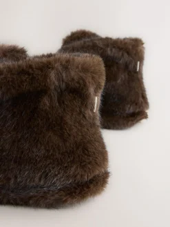 Next Chocolate Brown Faux Fur Boot Slippers^Women Slippers