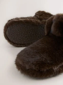Next Chocolate Brown Faux Fur Boot Slippers^Women Slippers