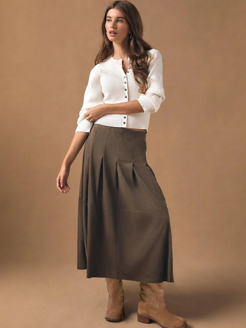 Next Chocolate Brown Faux Suede Midi Kilt Skirt^Women Skirts