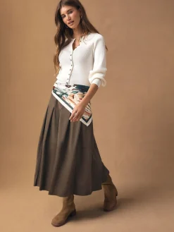 Next Chocolate Brown Faux Suede Midi Kilt Skirt^Women Skirts