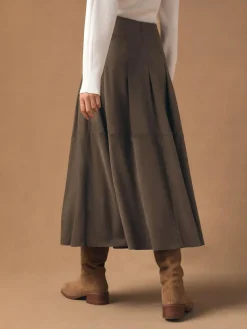 Next Chocolate Brown Faux Suede Midi Kilt Skirt^Women Skirts
