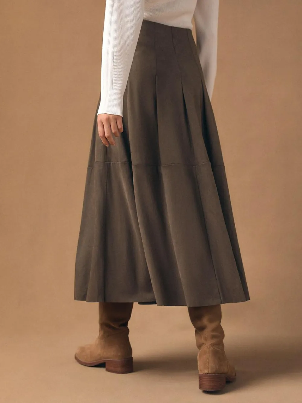 Next Chocolate Brown Faux Suede Midi Kilt Skirt^Women Skirts