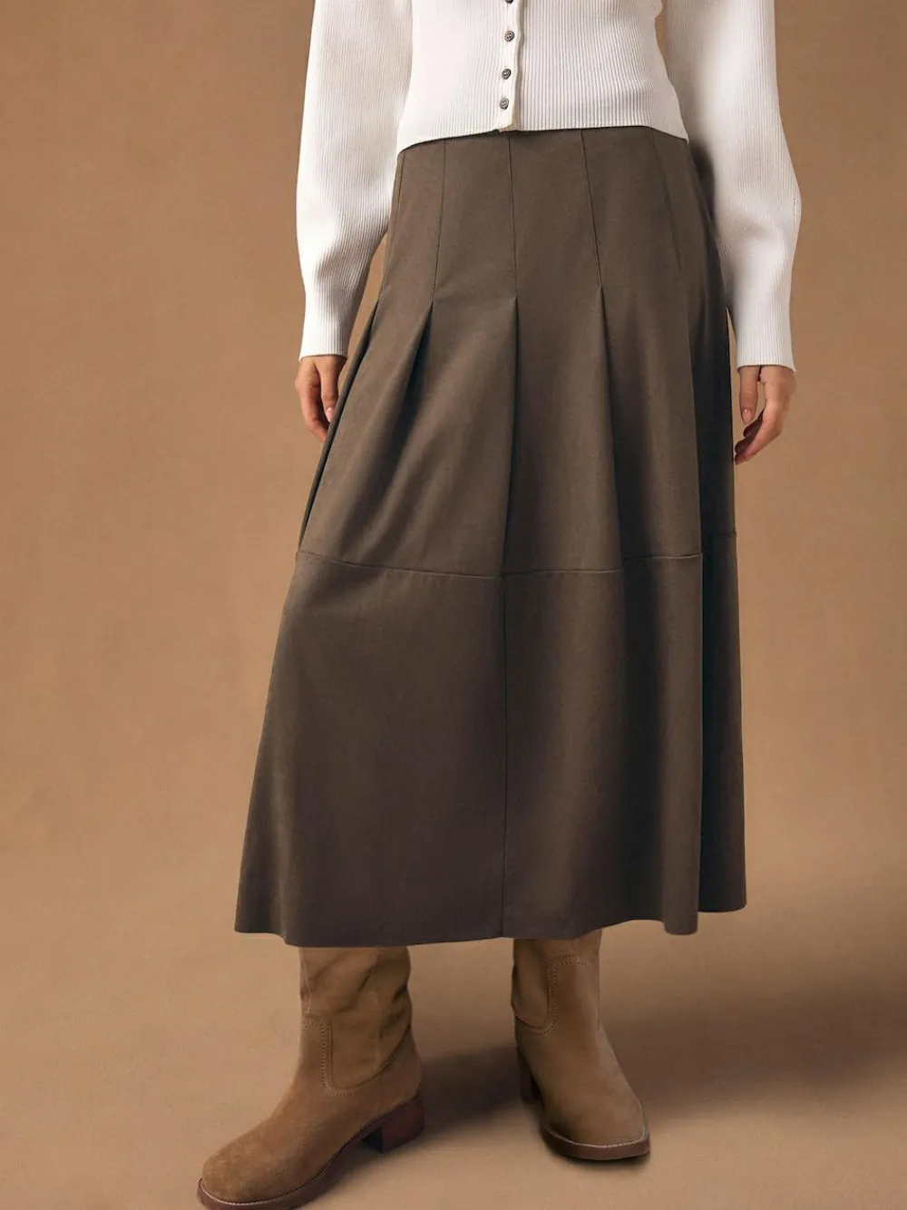 Next Chocolate Brown Faux Suede Midi Kilt Skirt^Women Skirts