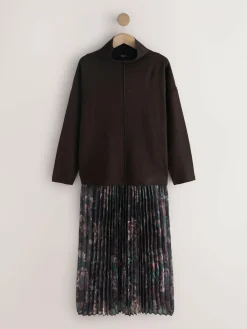 Best Next 2-In-1 Knitted Jumper with Pleated Midi Skirt Chocolate Brown Floral
