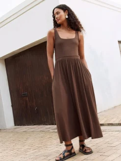 Next Jersey Waisted Summer Dress Chocolate Brown