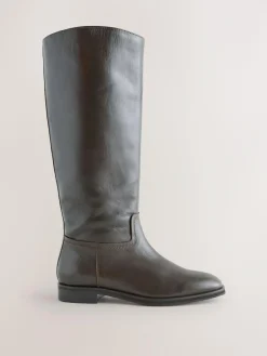Online Next Standard/Wide Fit Forever Comfort® Flat Riding Boots Chocolate Brown Leather