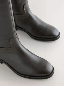 Online Next Standard/Wide Fit Forever Comfort® Flat Riding Boots Chocolate Brown Leather
