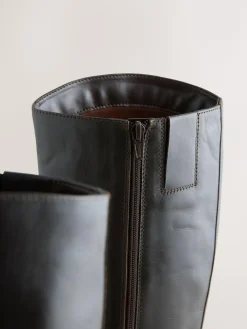 Online Next Standard/Wide Fit Forever Comfort® Flat Riding Boots Chocolate Brown Leather