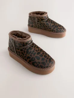 Clearance Next Chocolate Brown Leopard Print Standard Fit (F) Flatform Mini Warm Lined Water Repellent Suede Pull-On Boots