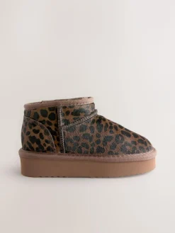 Clearance Next Chocolate Brown Leopard Print Standard Fit (F) Flatform Mini Warm Lined Water Repellent Suede Pull-On Boots