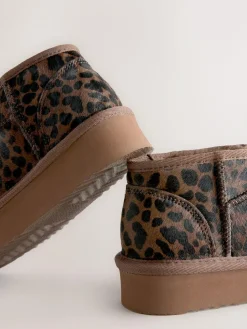 Clearance Next Chocolate Brown Leopard Print Standard Fit (F) Flatform Mini Warm Lined Water Repellent Suede Pull-On Boots