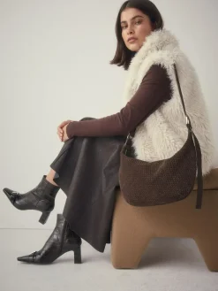 Next Chocolate Brown N. Premium Suede Sling Weave Shoulder Bag^Women Bags