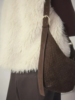 Next Chocolate Brown N. Premium Suede Sling Weave Shoulder Bag^Women Bags