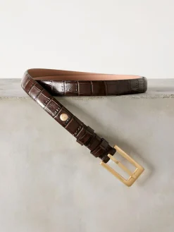 Outlet Next Chocolate Brown N. Premium Made In Italy Croc Effect Look Leather Belt