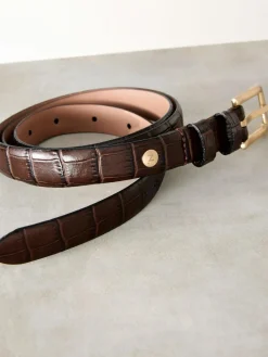 Outlet Next Chocolate Brown N. Premium Made In Italy Croc Effect Look Leather Belt