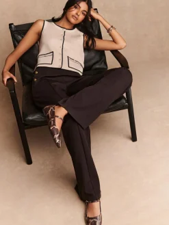 Discount Next Ponte Wide Leg Trousers With Gold Button Detailing Chocolate Brown