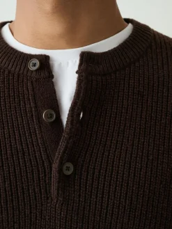Next Chocolate Brown Relaxed Fit Ribbed Grandad Collar Jumper with Wool^ Knitwear|Knitwear
