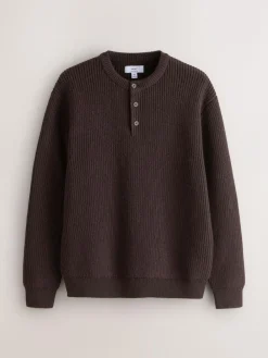 Next Chocolate Brown Relaxed Fit Ribbed Grandad Collar Jumper with Wool^ Knitwear|Knitwear