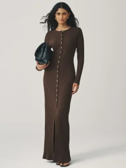 Hot Next Ribbed Long Sleeve Button Down Midi Dress Chocolate Brown