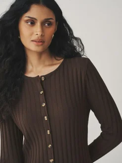 Hot Next Ribbed Long Sleeve Button Down Midi Dress Chocolate Brown