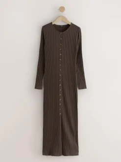 Hot Next Ribbed Long Sleeve Button Down Midi Dress Chocolate Brown
