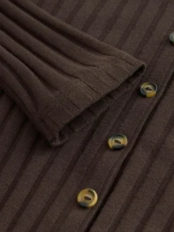 Hot Next Ribbed Long Sleeve Button Down Midi Dress Chocolate Brown