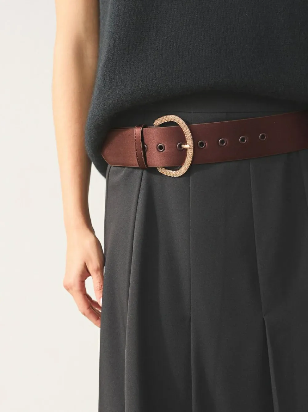 Hot Next Satin Belt with Diamante Buckle Chocolate Brown