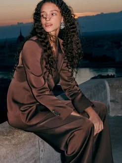 Next Chocolate Brown Satin Elastic Back Wide Leg Trousers^Women Pants