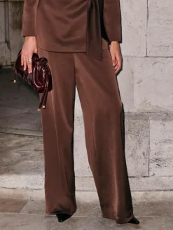 Next Chocolate Brown Satin Elastic Back Wide Leg Trousers^Women Pants