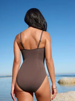 Next Chocolate Brown Shaping Tummy Control Bandeau Swimsuit^Women Swimwear