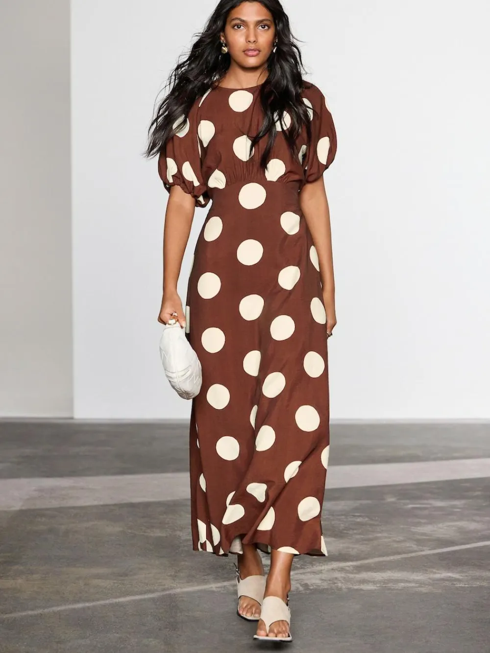 New Next Print Puff Sleeve Midi Dress Chocolate Brown Spot