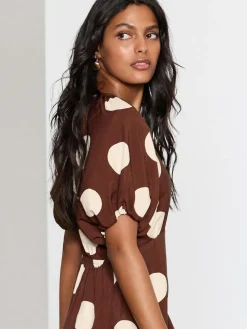 New Next Print Puff Sleeve Midi Dress Chocolate Brown Spot