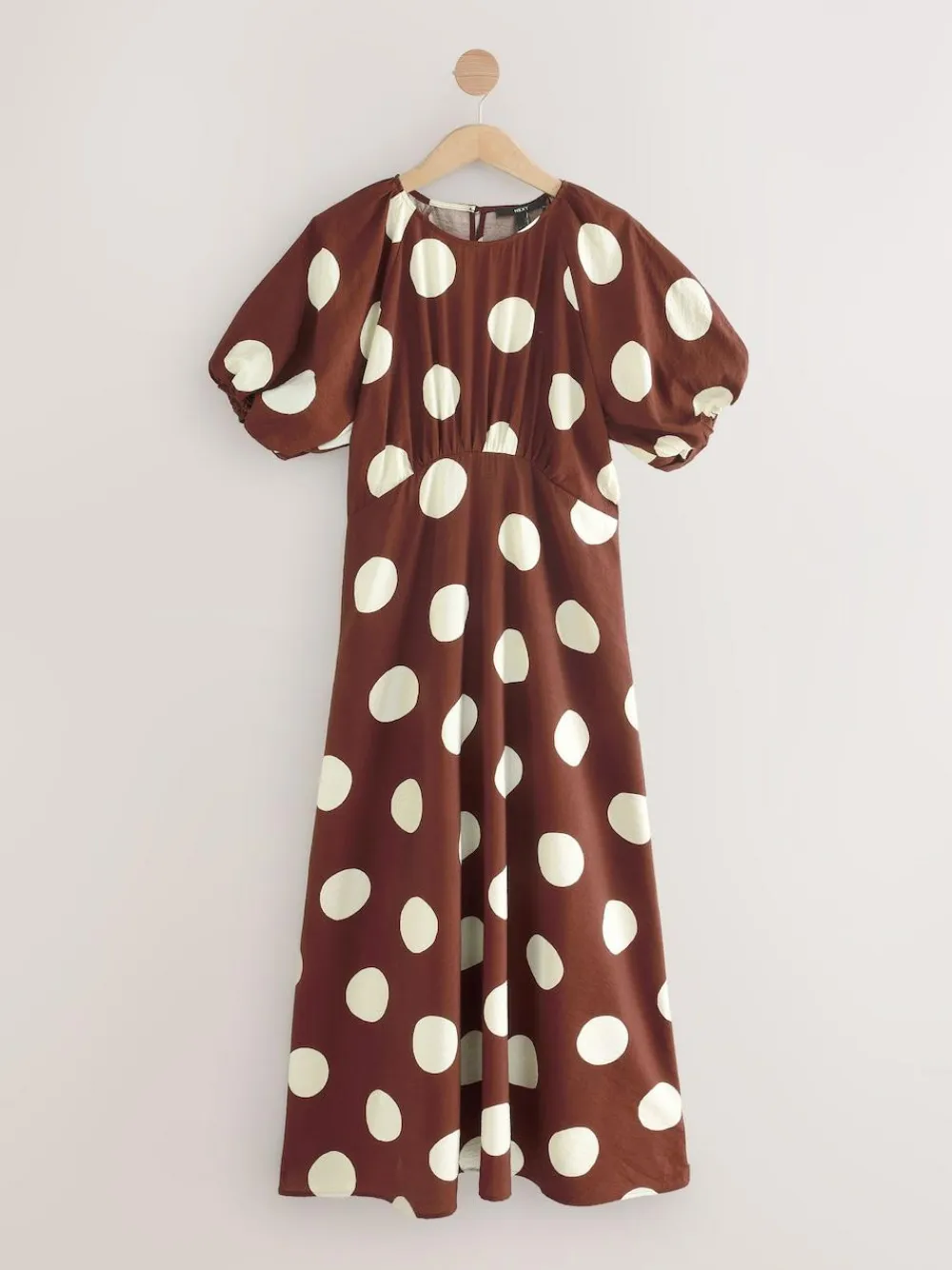 New Next Print Puff Sleeve Midi Dress Chocolate Brown Spot